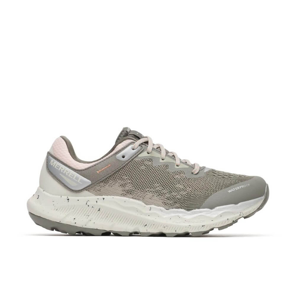A single Merrell waterproof running shoe in a light gray and beige colourway, featuring a textured knit upper, a speckled white midsole, and a light gray outsole, shown against a plain white background.