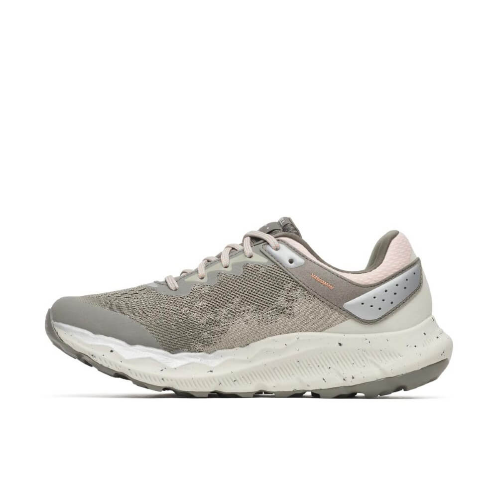 A single Merrell waterproof running shoe in a light gray and beige colourway, featuring a textured knit upper, a speckled white midsole, and a light gray outsole, shown against a plain white background.