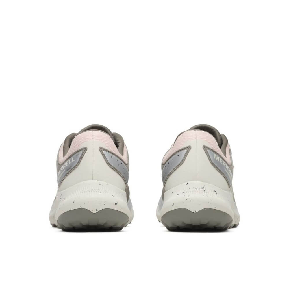 A pair of Merrell trail running shoes shown from the back, featuring a white and light pink upper with gray accents and a speckled white midsole.