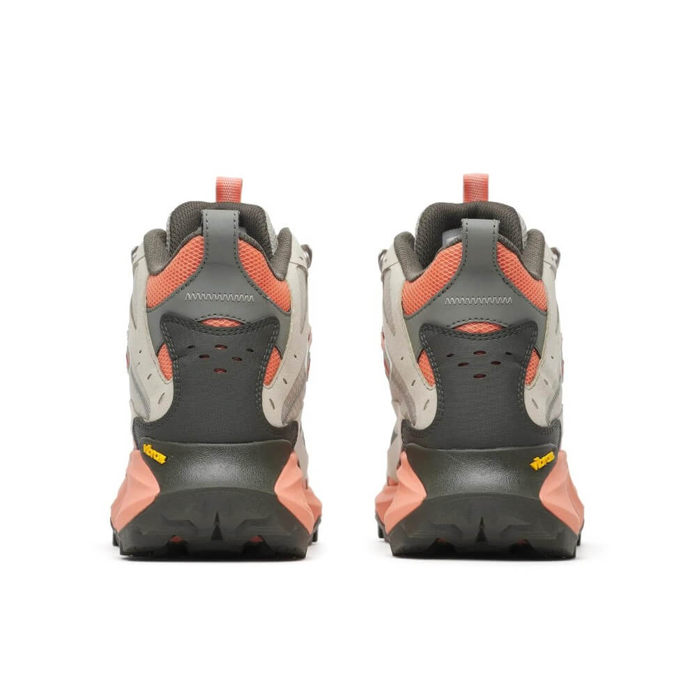 A pair of Merrell hiking shoes shown from the back, featuring a dark grey and light grey upper with coral orange accents and a black Vibram sole.
