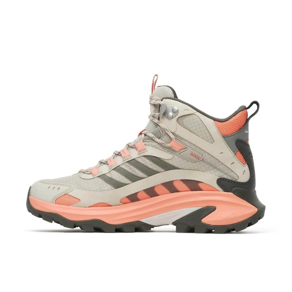 A Merrell mid-height hiking boot in light grey and coral pink, featuring a  Vibram sole, shown from a side profile on a white background.