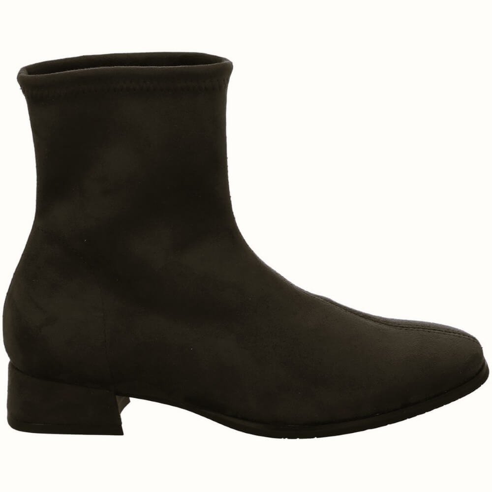 A Miss Elastic black PU suede ankle boot with a low block heel, shown in a side profile view against a plain white background.