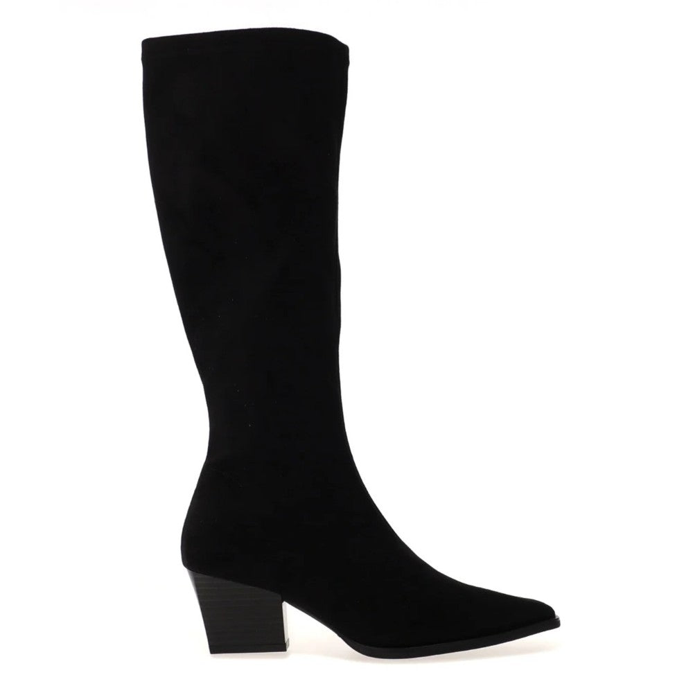  Miss Elastic Black suede knee high boot with a block heel on a white Background 