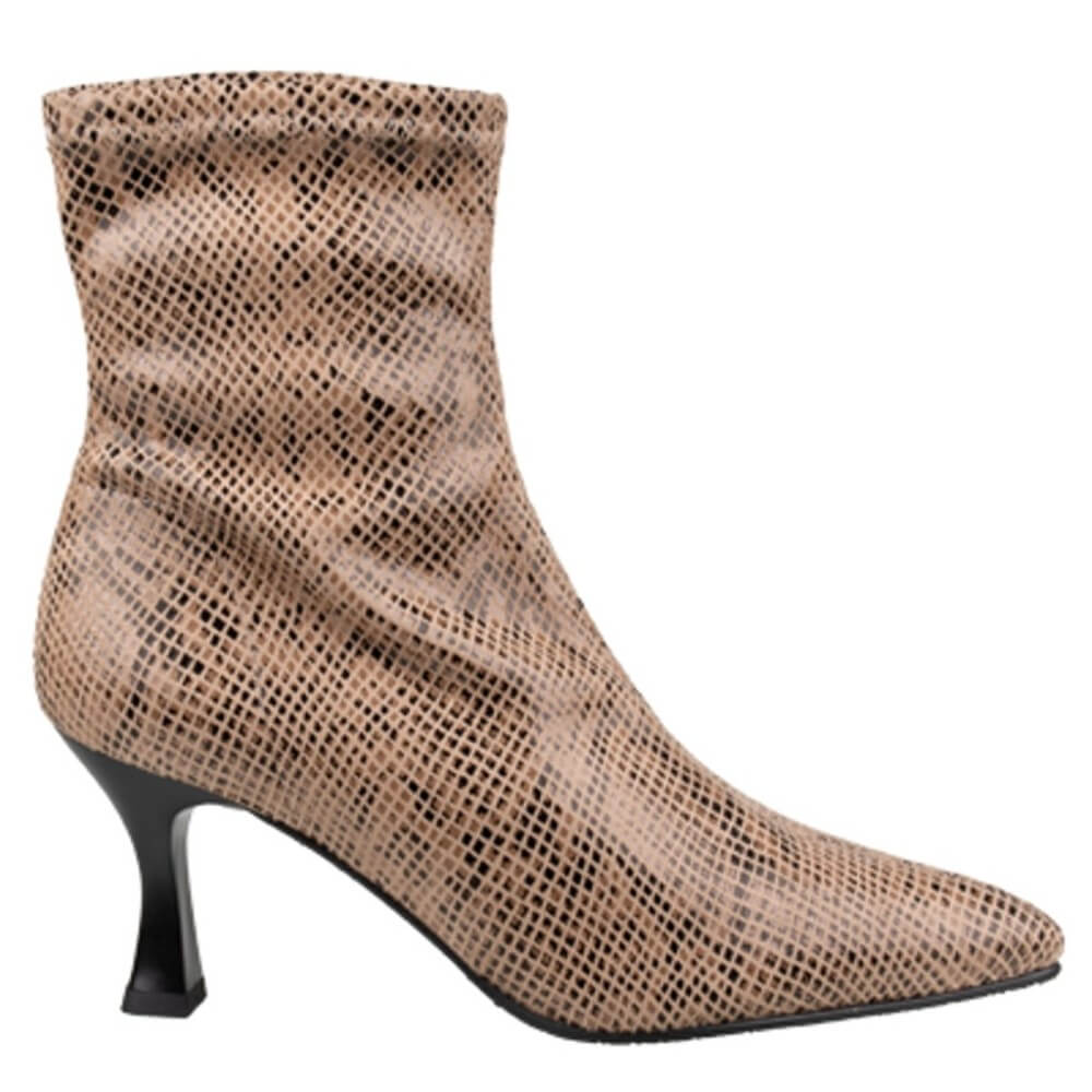 Beige snake print ankle boot with a black heel on a white background Miss Elastic 78042 Sock Ankle Boot Snake Print