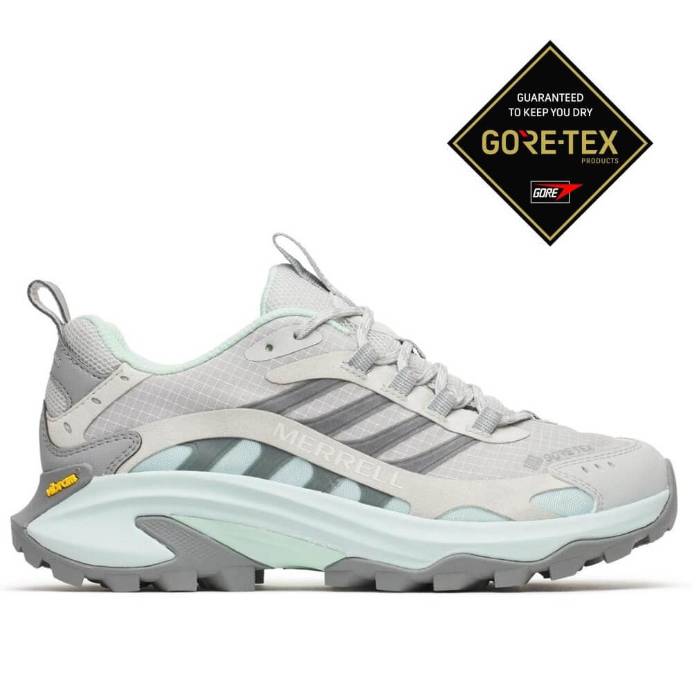 Merrell Gray and light blue sneaker with Gore-Tex logo on a white background