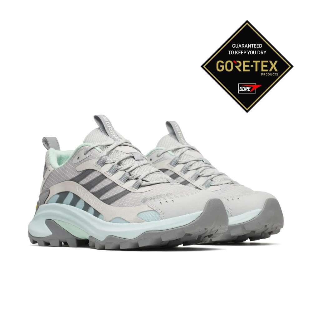 Merrell Gray and light blue sneaker with Gore-Tex logo on a white background