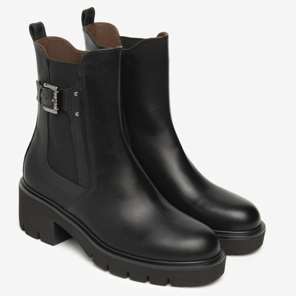 Black Chelsea boot with a buckle on a white background NeroGiardini Leather Chelsea Ankle Boots I514814D Black