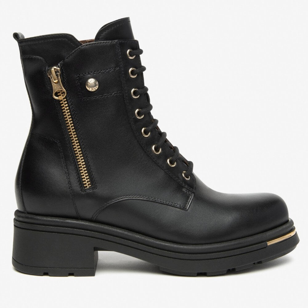 Black leather boot with gold zipper and laces on a white background NeroGiardini Leather Combat Boots I514861D Black