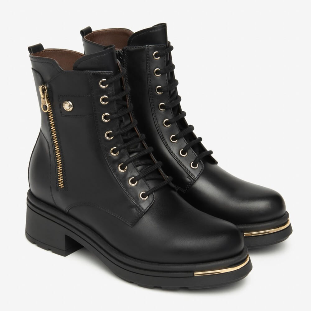 Black leather boot with gold zipper and laces on a white background NeroGiardini Leather Combat Boots I514861D Black