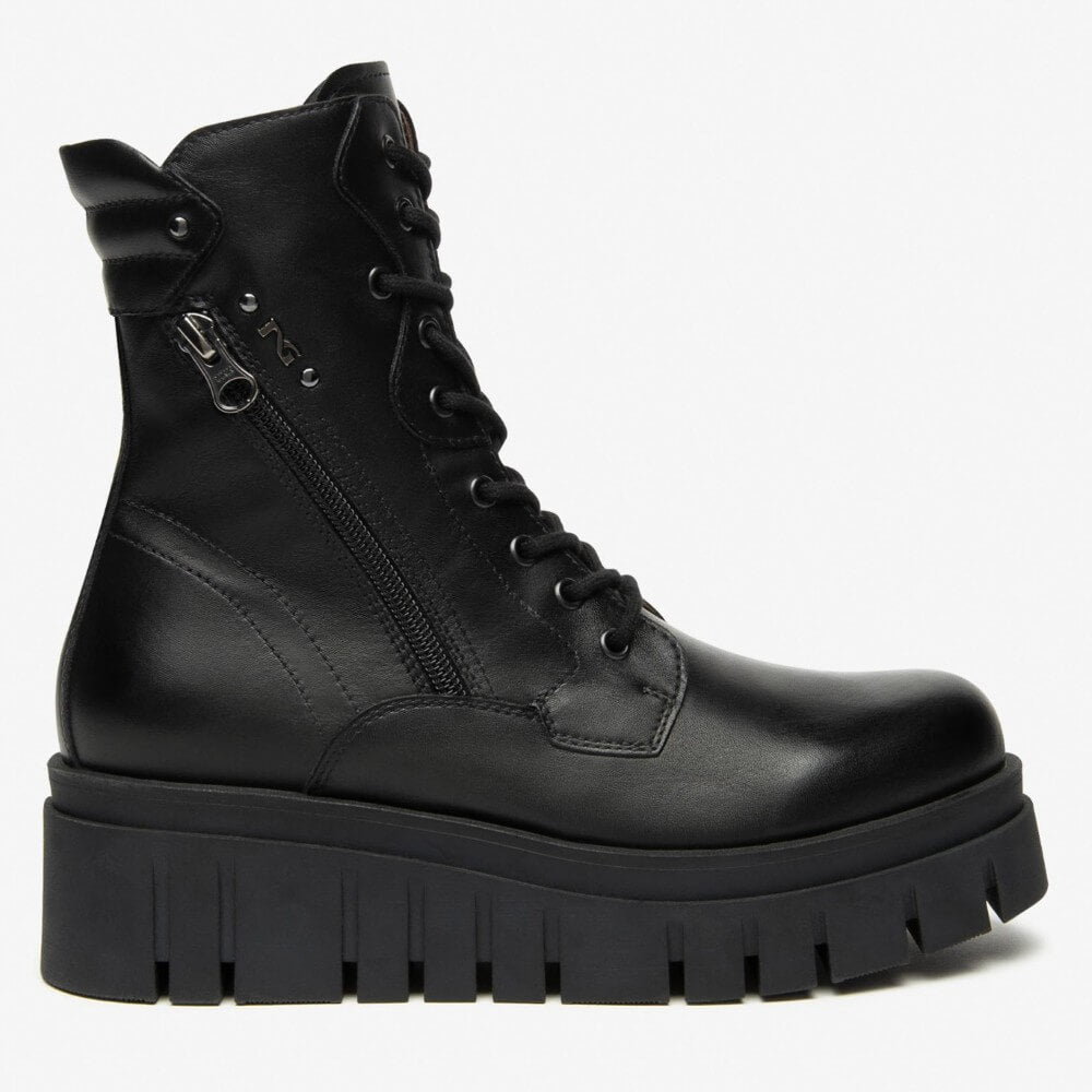 Black leather boot with a thick sole on a white background NeroGiardini Leather Combat Boots I514910D Black