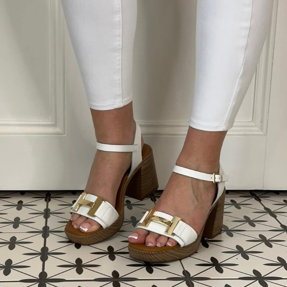 Oh My Sandals Block Heel Platform Sandals 5636-WHITE Leather