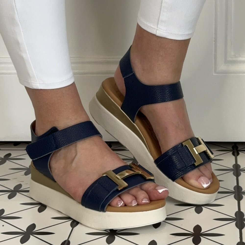 Oh My Sandals Low Leather Wedge 5672-NAVY