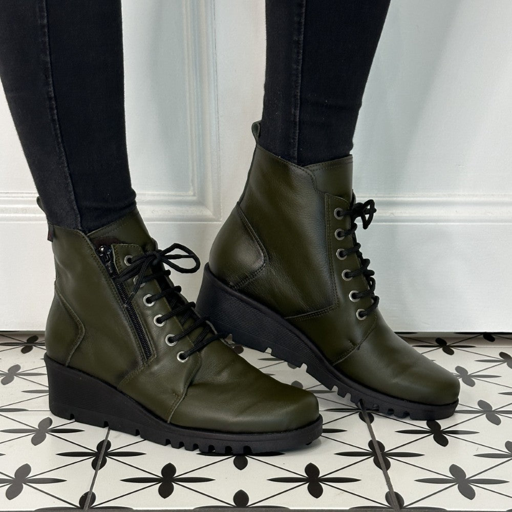 Green Leather Wedge Ankle Boots
