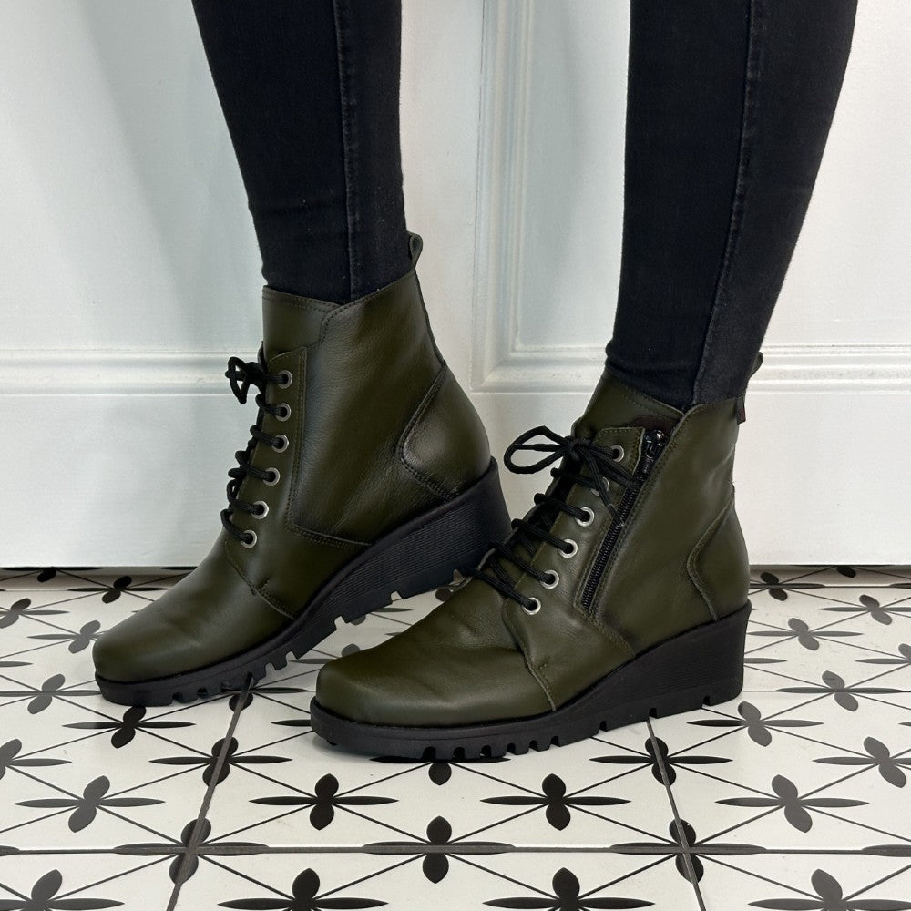 Green Leather Wedge Ankle Boots