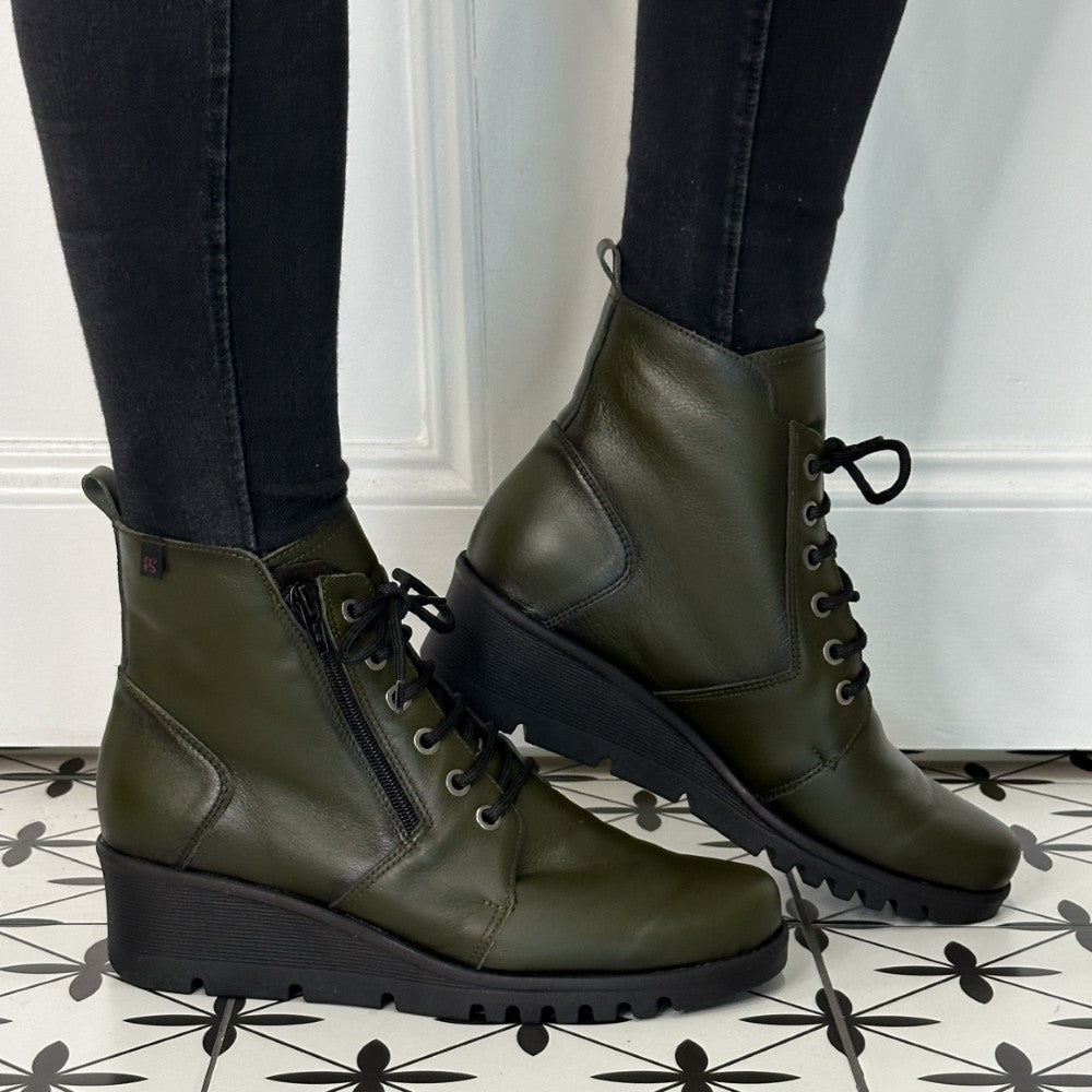 Green Leather Wedge Ankle Boots