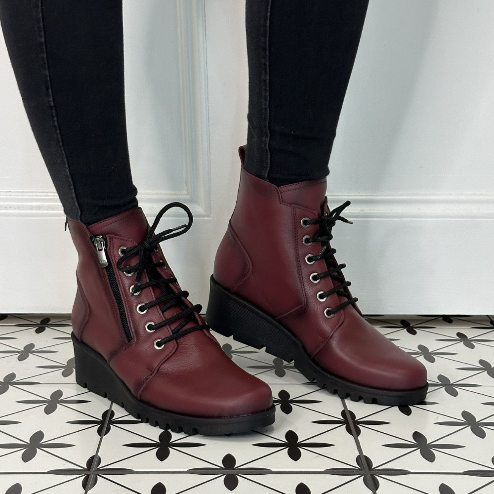 Wine Red Leather Wedge Laced Ankle Boots