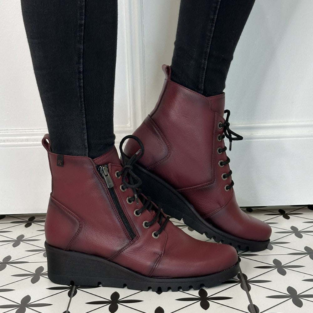 Wine Red Leather Wedge Laced Ankle Boots
