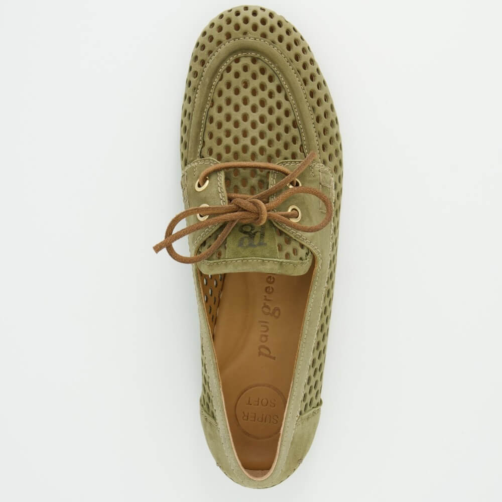 Paul Green 1218 Green Suede Moccasins on a white background