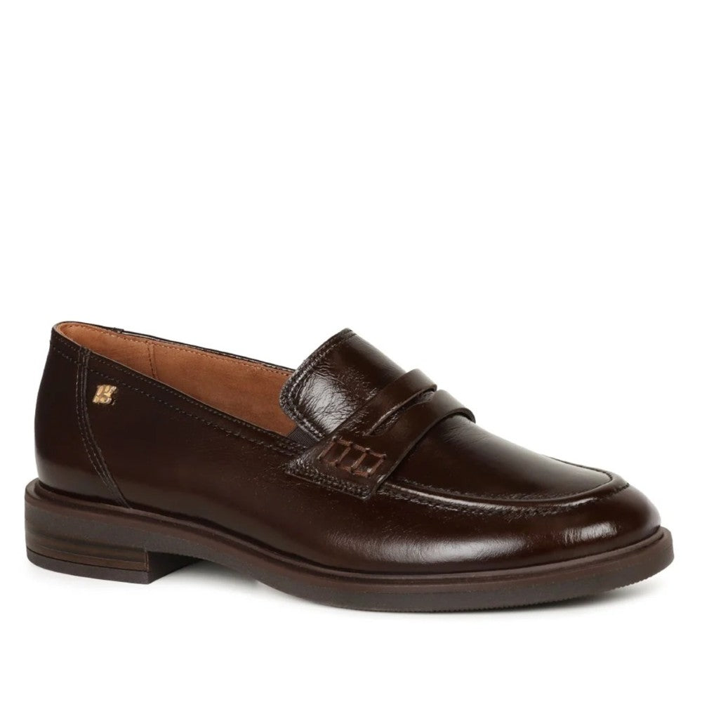 A Paul Green dark brown patent leather penny loafer shown in a side profile view against a plain white background.