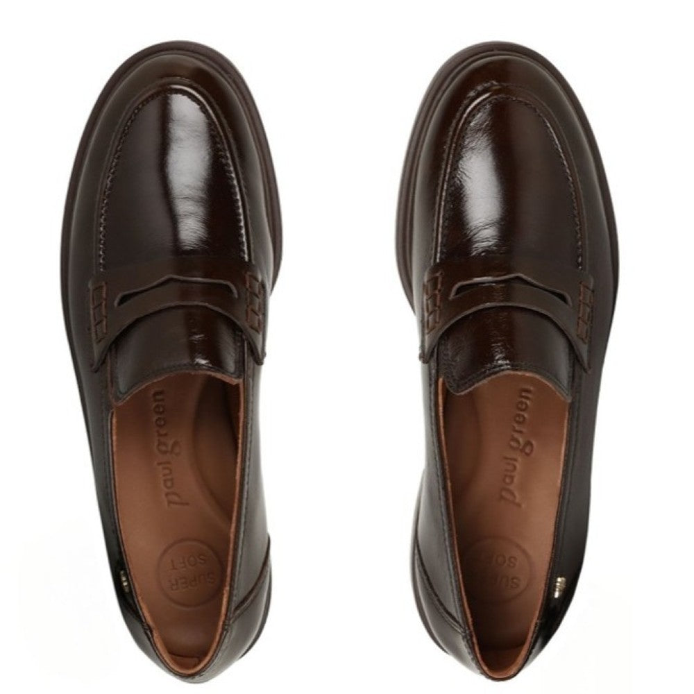 A pair of dark brown leather penny loafers shown from a top-down view on a plain white background.