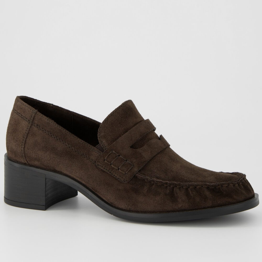 A Paul Green dark brown suede penny loafer with a low block heel, shown from a side profile view against a light grey background.