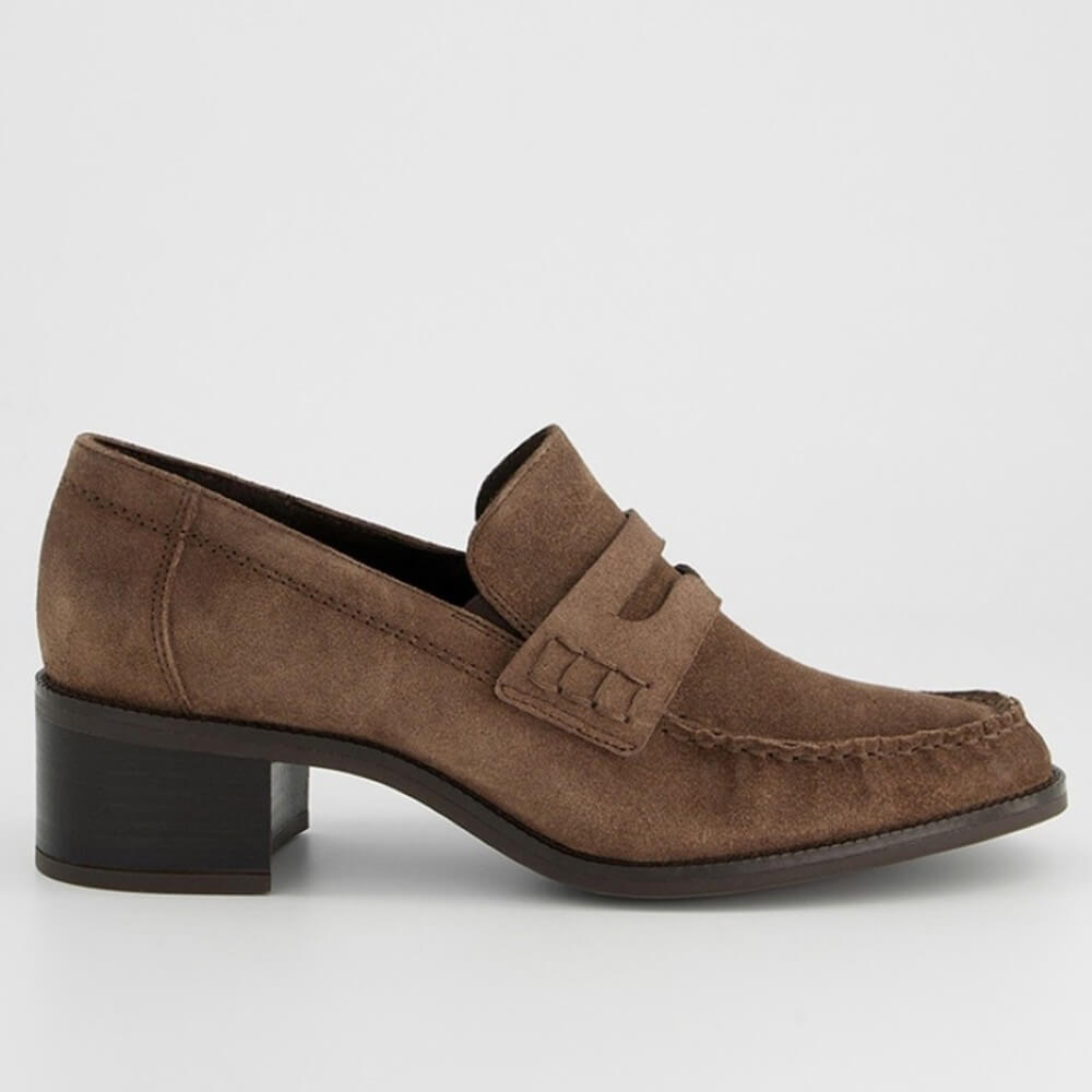 A Paul Green brown suede penny loafer with a low block heel, shown in a side profile view against a light grey background.