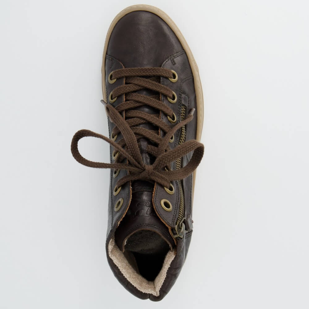 A dark brown leather high-top sneaker with matching brown laces, brass eyelets, a side zipper, and a light tan outsole, shown from a top-down view on a white background.