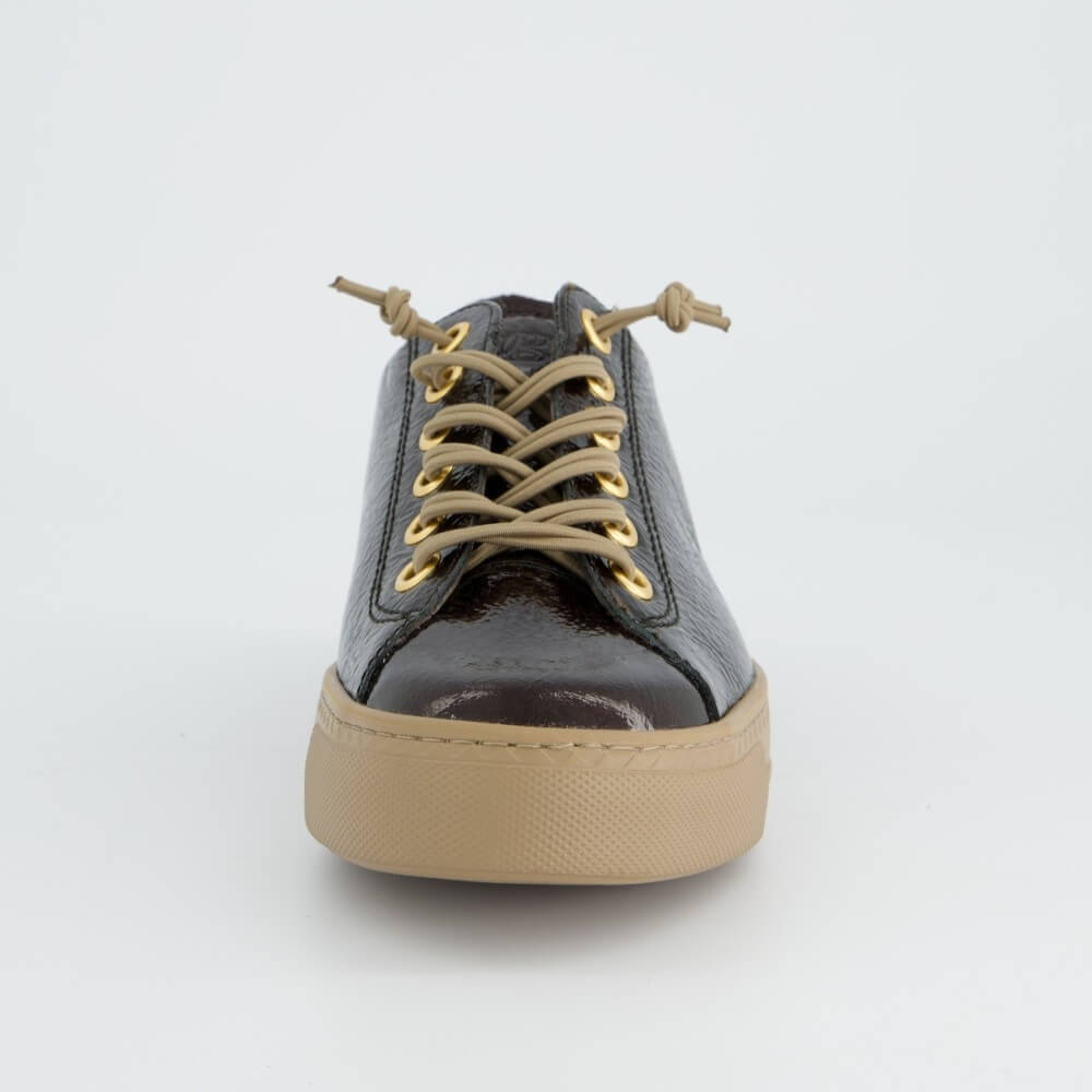 A Paul Green low-top sneaker in glossy dark brown textured leather with beige laces threaded through gold-tone eyelets and a thick beige rubber sole, shown on a light grey background.