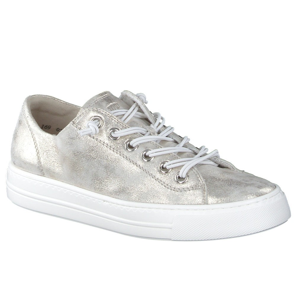 Paul Green 4081 Silver sneaker with white laces on a white background