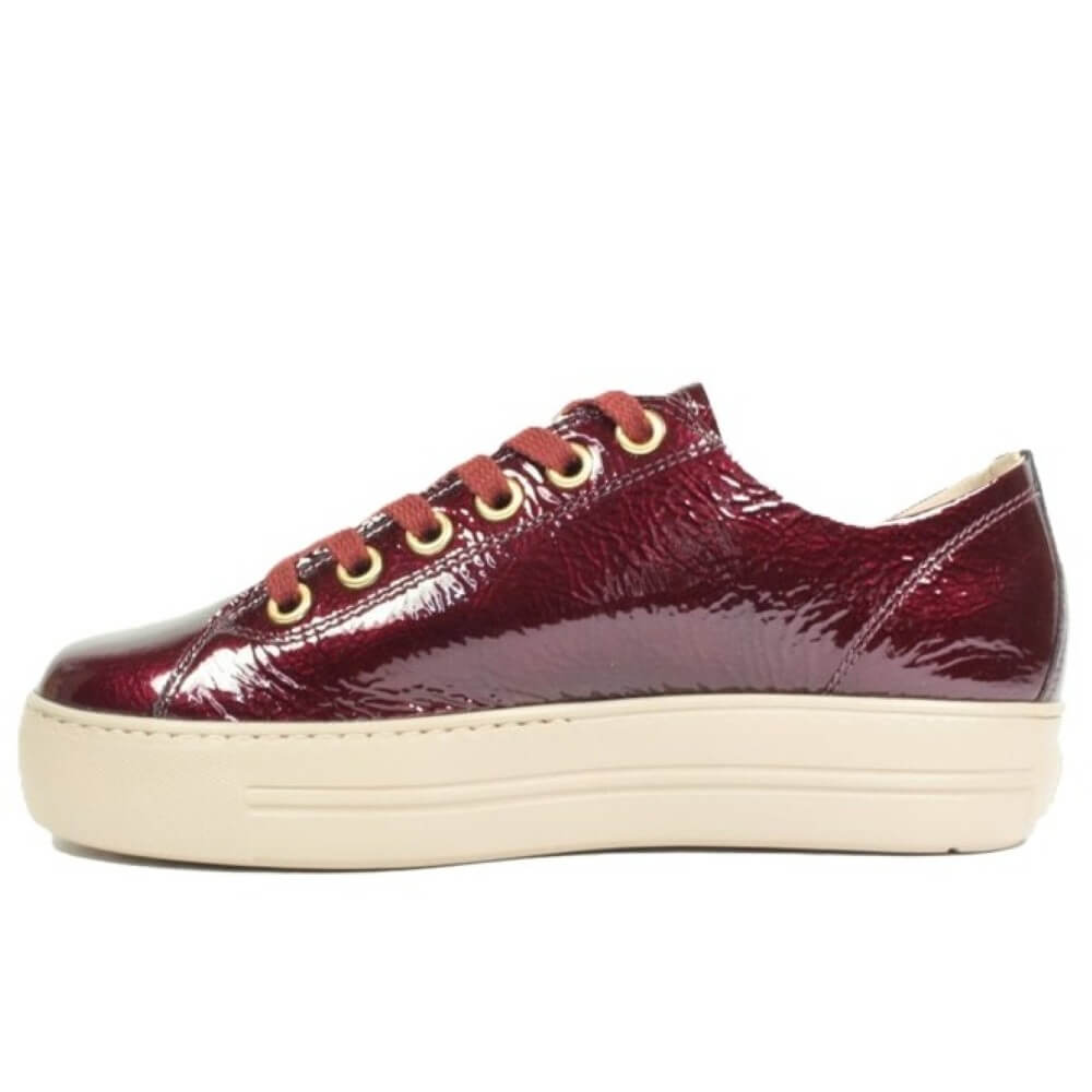 wine patent leather sneaker with gold zipper. Paul Green Supersoft Trainers 5006 Wine Patent