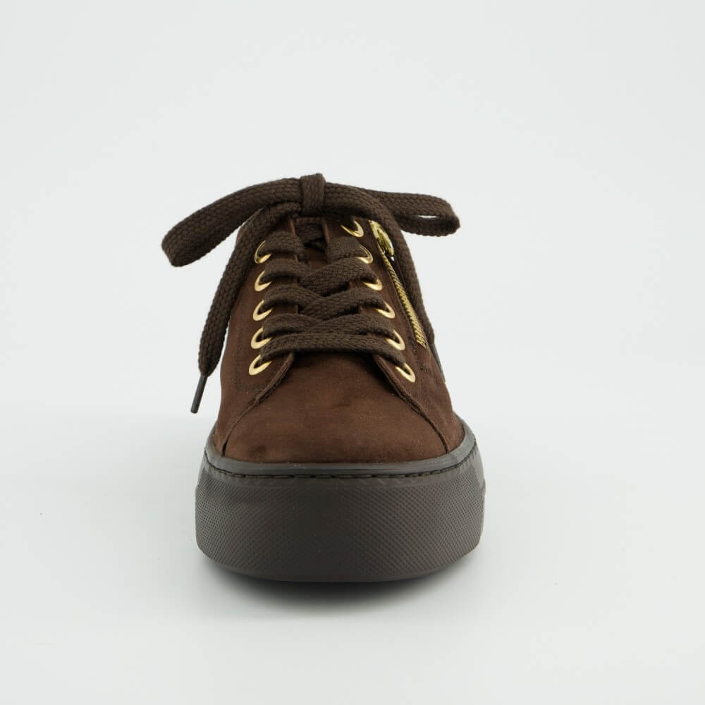 A Paul Green dark brown suede low-top sneaker with a matching dark brown platform sole, brown laces, and gold-tone metal eyelets and zipper accents, shown on a light grey background.