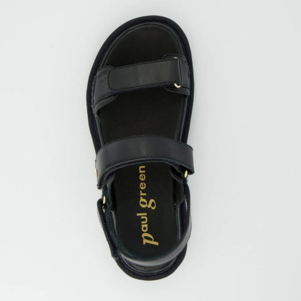 Black sandal with 'Paul Green' branding on a white background