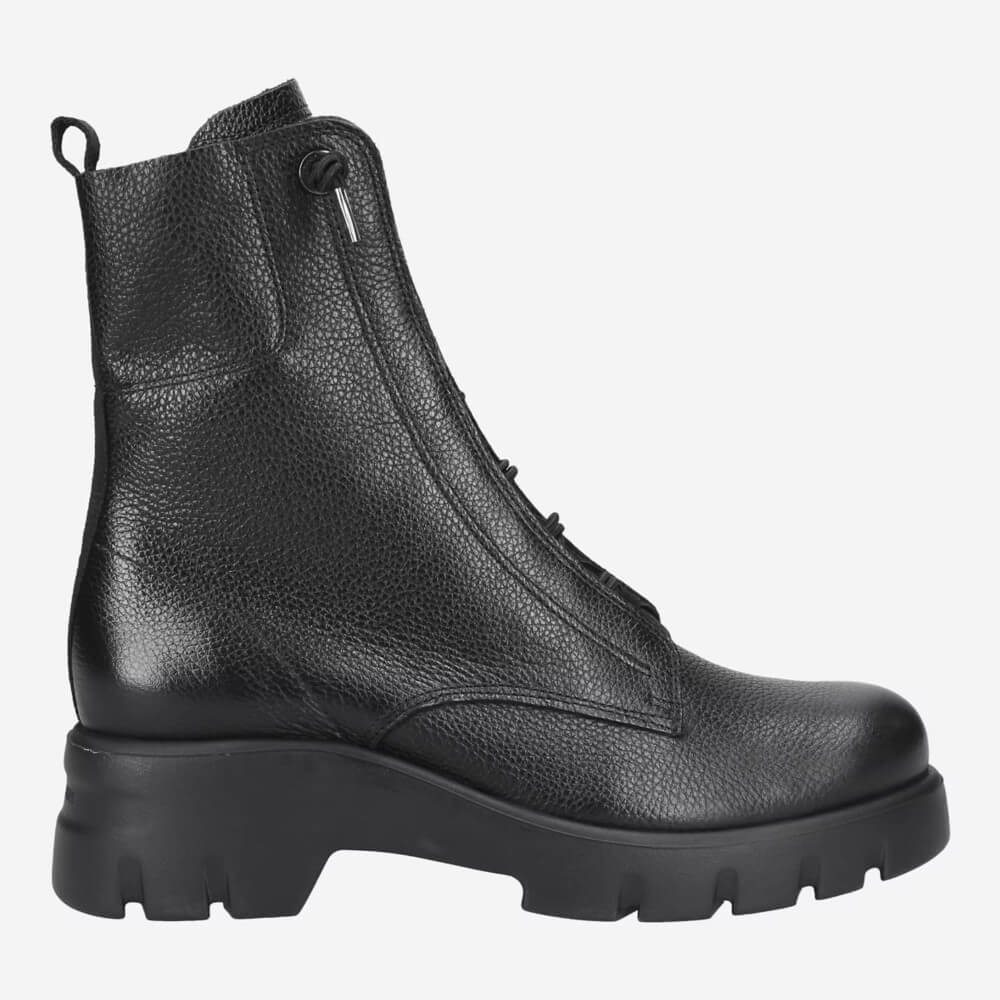 Black leather boot on a white background Paul Green 8216 Elastic Lace up Ankle Boot-Black Leather