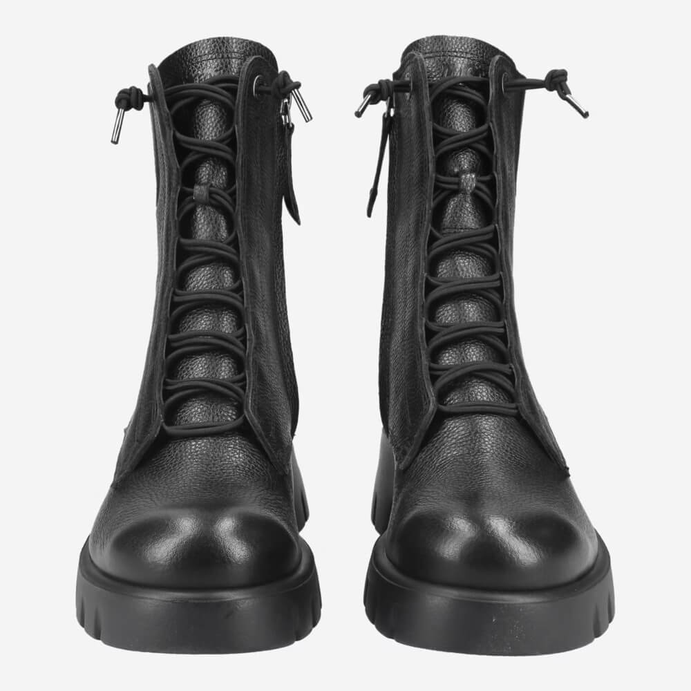 Black leather boot on a white background Paul Green 8216 Elastic Lace up Ankle Boot-Black Leather