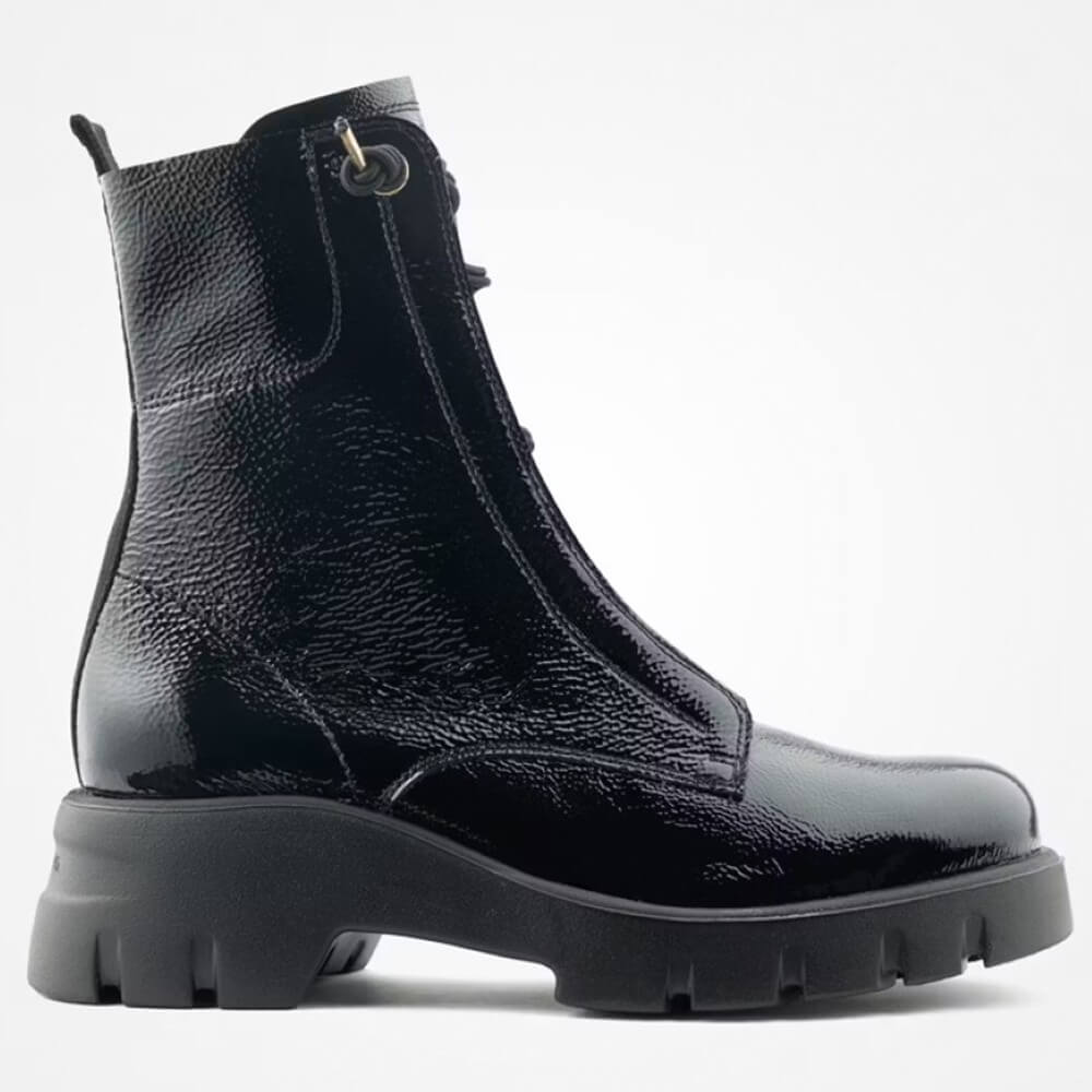 Black patent leather boot with a thick sole on a white background Paul Green 8216 Lace up Ankle Boot-Black Patent Leather