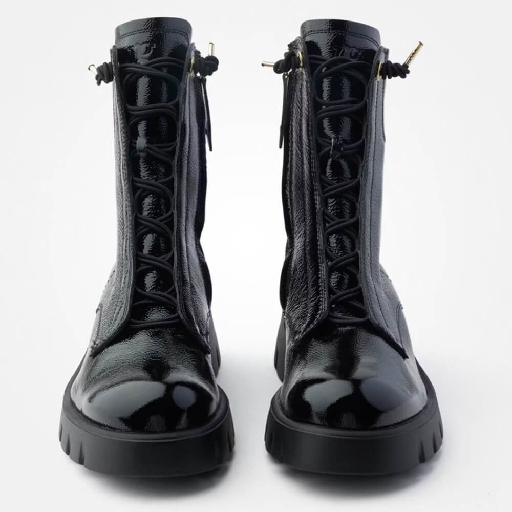 Black patent leather boots with Paul Green 8216 Lace up Ankle Boot-Black Patent Leather detailed design on a white  background