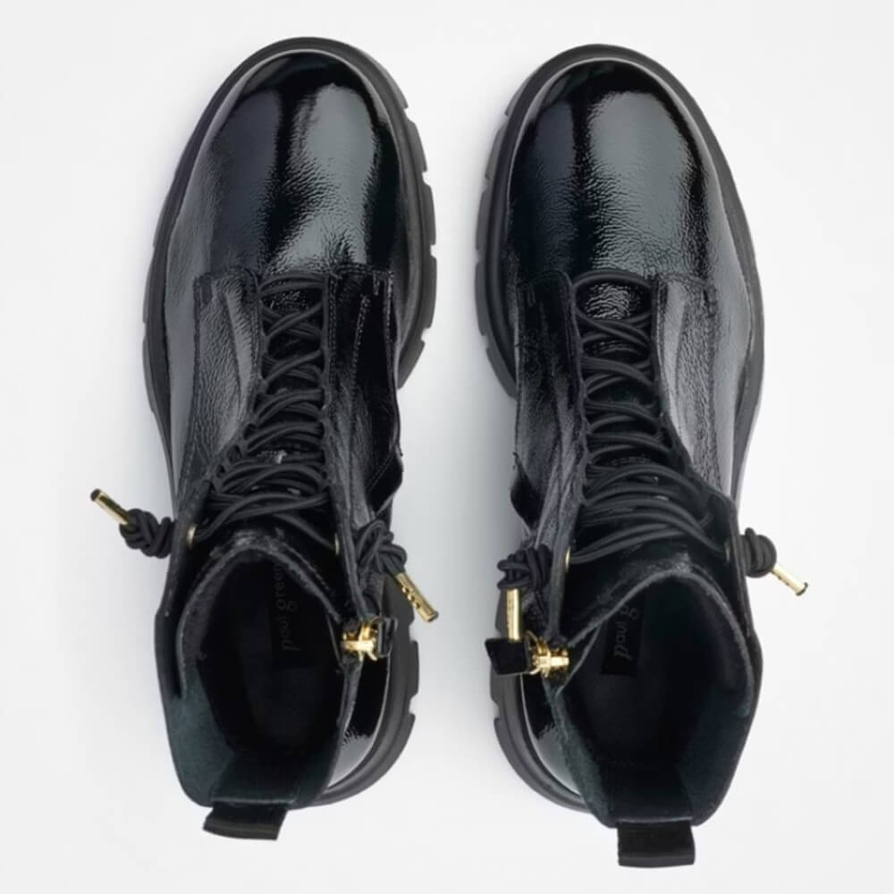 Pair of black high-top boots with gold accents on a white background Paul Green 8216 Lace up Ankle Boot-Black Patent Leather 