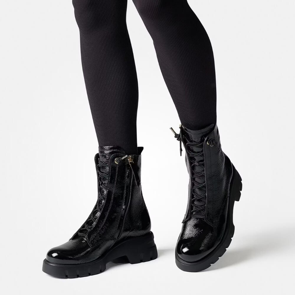 Paul Green 8216 Elastic Lace up Ankle Boot-Black Patent Leather