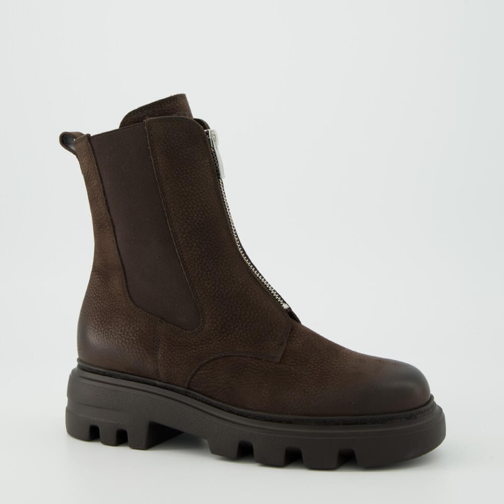A Paul Green dark brown leather Chelsea-style ankle boot with a chunky black lug sole, shown in a side profile on a light grey background.