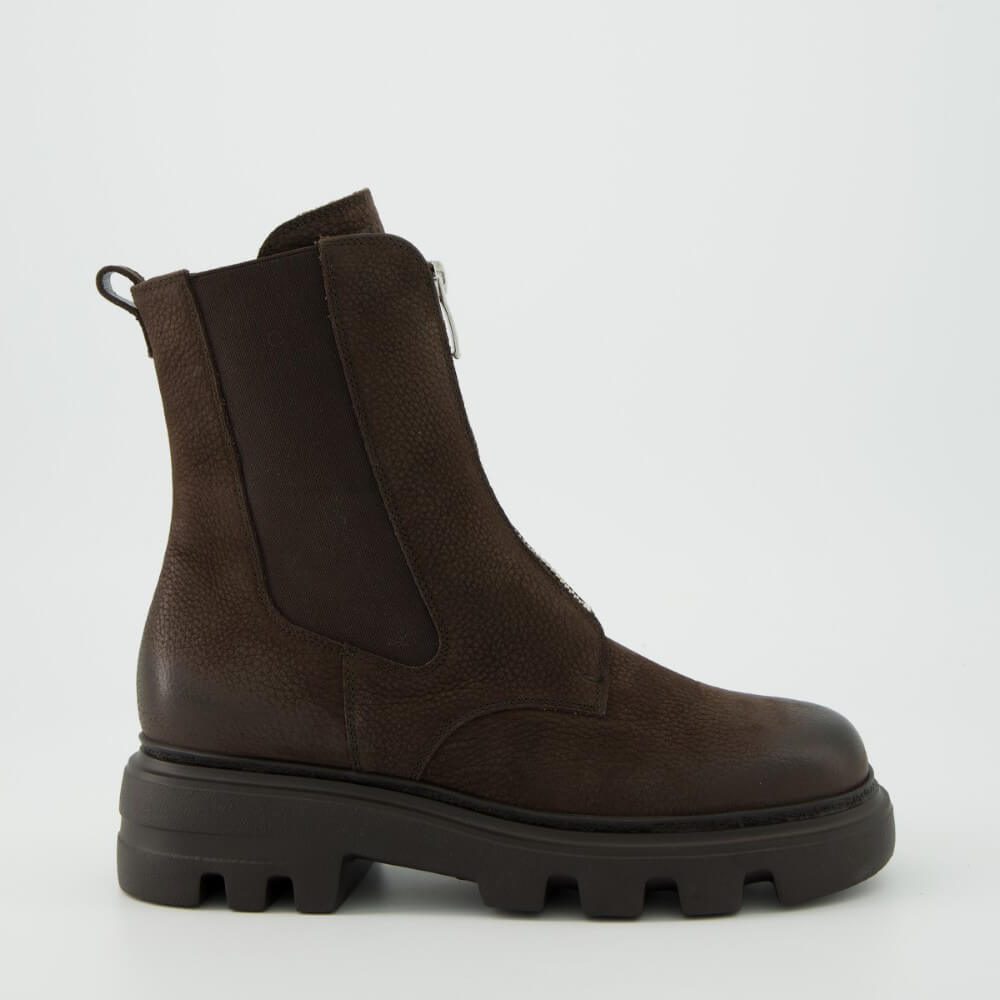 A Paul Green dark brown leather Chelsea-style ankle boot with a chunky black lug sole, shown in a side profile on a light grey background.
