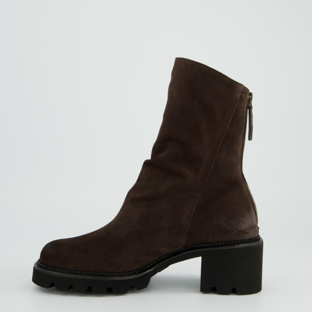 A Paul Green dark brown suede ankle boot with a chunky black block heel and a back zipper, shown from a side profile on a light grey background.