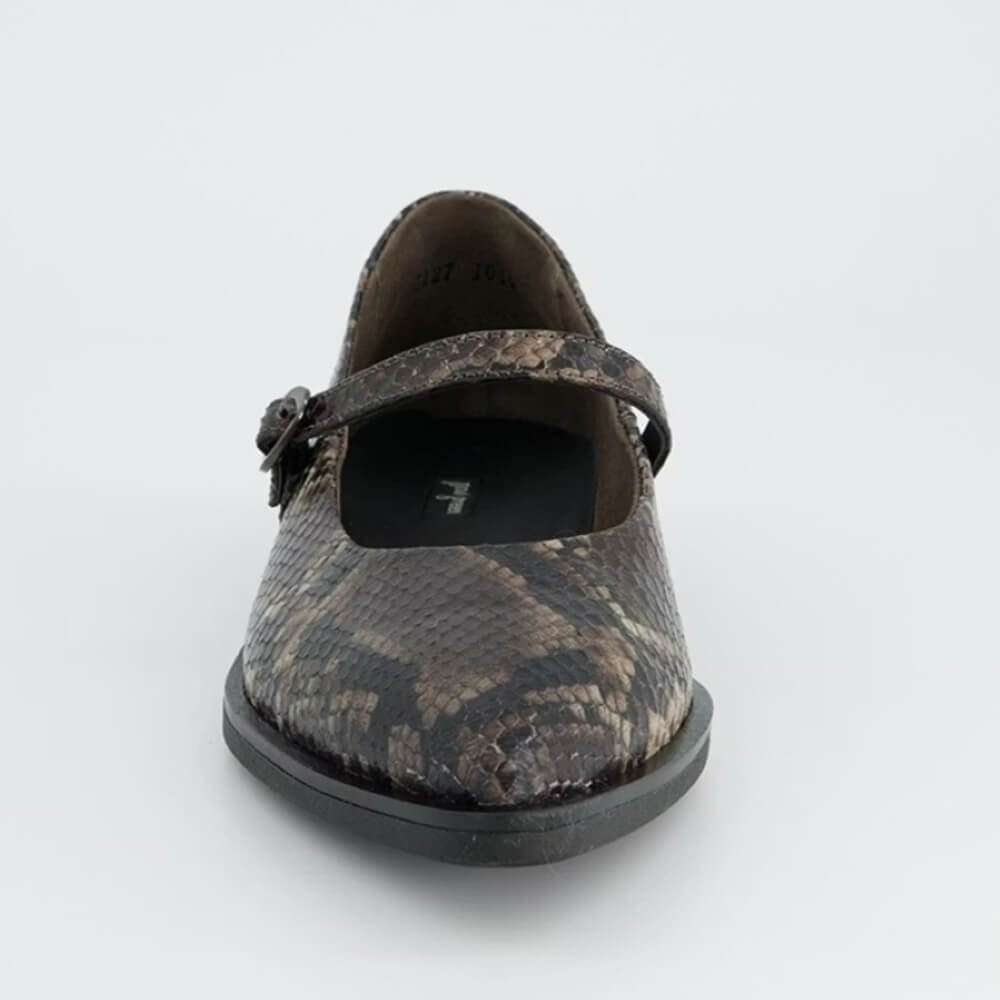 Paul Green 1127 Mary Jane Boa Snake. Gray snake print flats worn with black leggings.