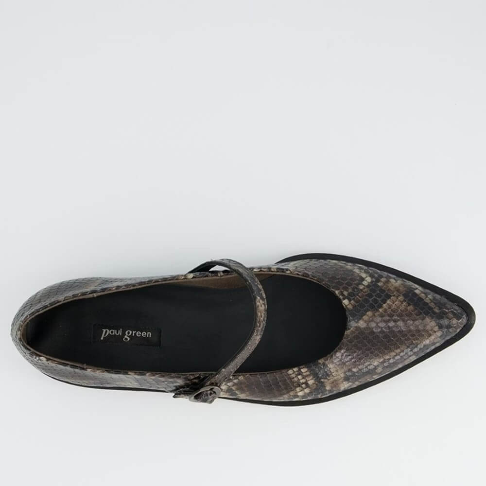 Paul Green 1127 Mary Jane Boa Snake. Gray snake print flats worn with black leggings.