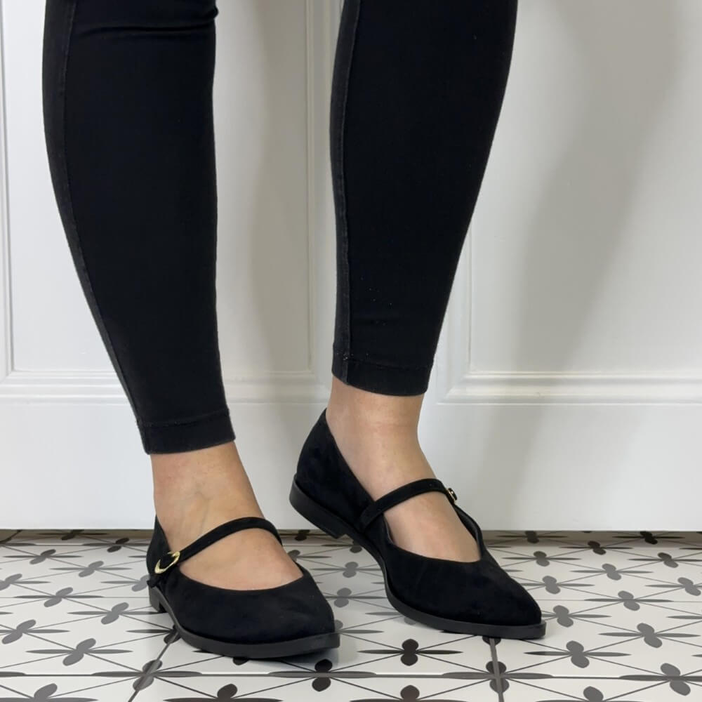 Paul Green 1127 Mary Jane Black shoes worn with black leggings.