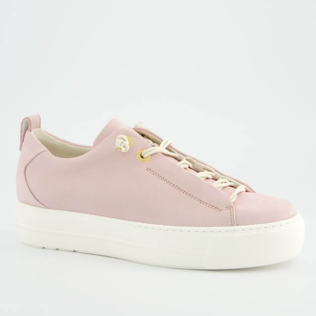 Pink sneaker with white sole on a light gray background