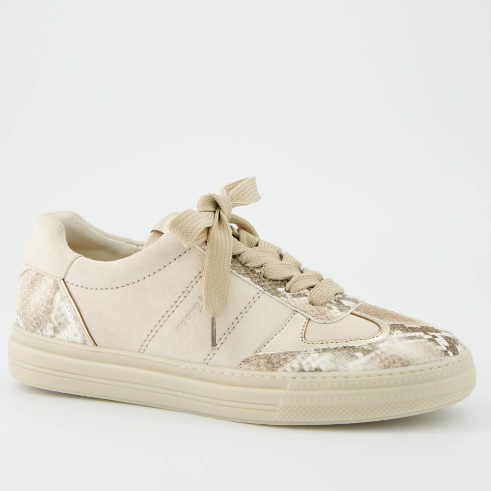 Paul Green 5466 Beige sneaker with snake print on a white background