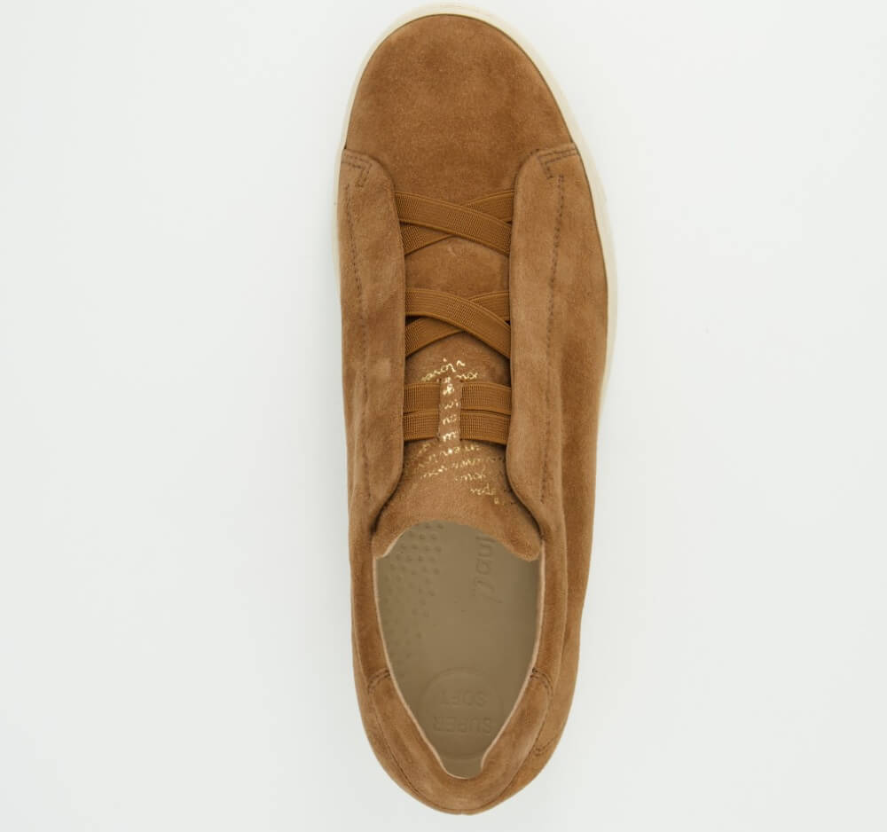 Paul Green 5529 Brown suede sneaker with a white sole on a light gray background