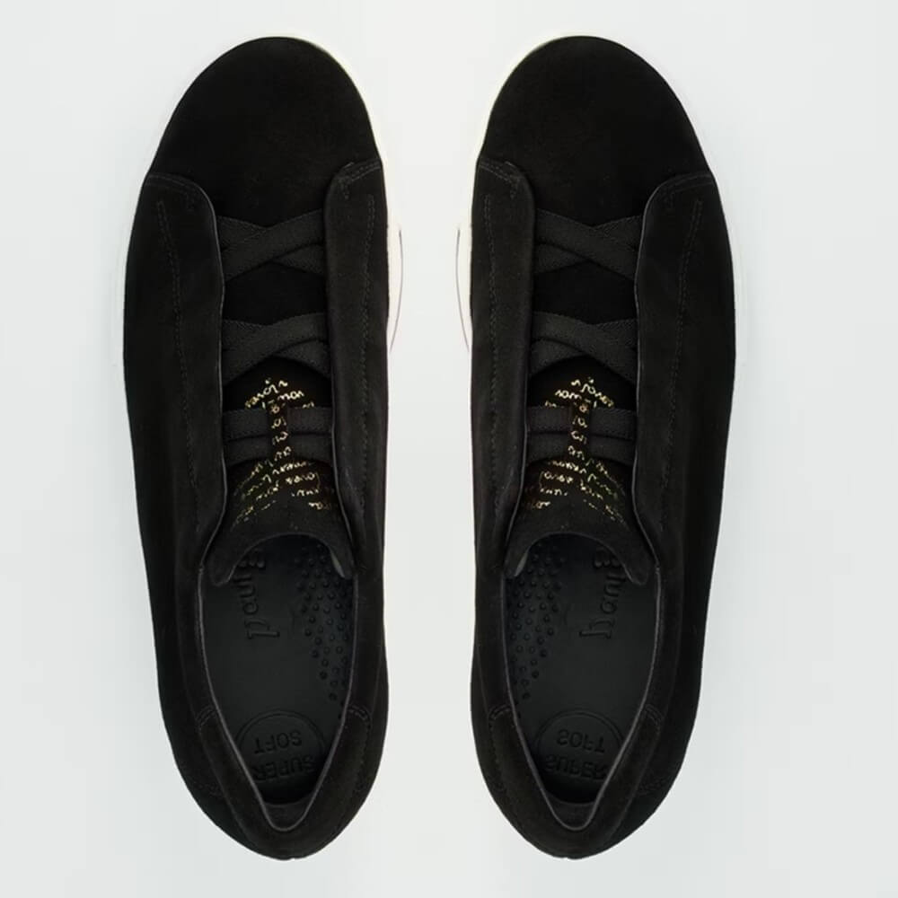 Black Leather Trainers with a white sole