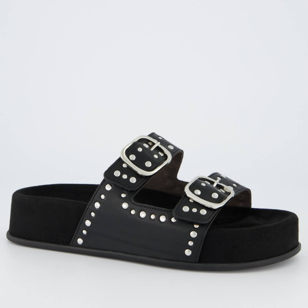 Paul Green 6168 Black sandal with silver studs and buckles on a light gray background