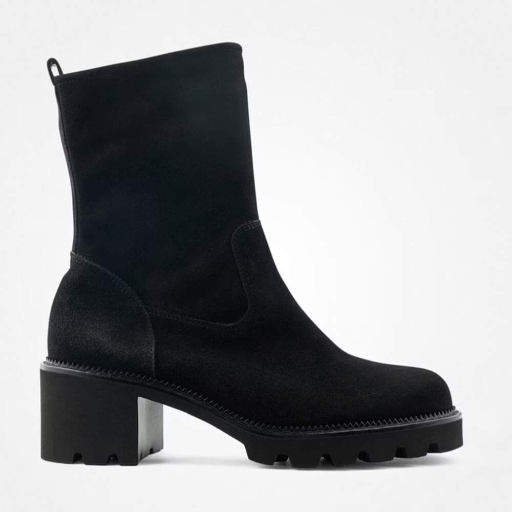 Black ankle boot on a light gray background Paul Green Black Suede Block Heel Ankle Boots 8133